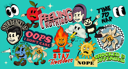 A collection of classic retro stickers and playful uninspiring quotes with cartoon characters. Vector illustration set.