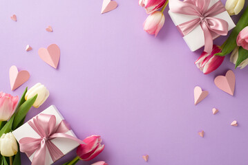 Wall Mural - Mother's Day surprise gift concept. Top view flat lay of pretty pink present boxes with ribbon, tulip flowers, paper hearts on a soft pastel purple background with space for text or advert