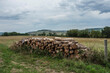 hilly landscape with woodpile near a gravel road in the french Bourgogne in summer