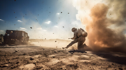 A soldier is fighting in the desert with blue sky and explosion near him