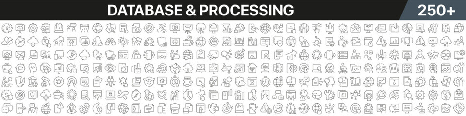 Aufkleber - Database and processing linear icons collection. Big set of more 250 thin line icons in black. Database and processing black icons. Vector illustration