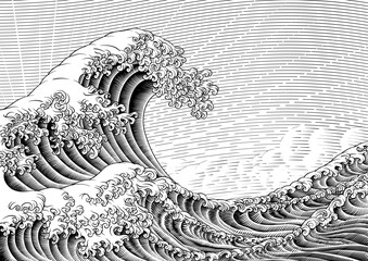 A Japanese great wave design in a vintage retro engraved etching woodcut style