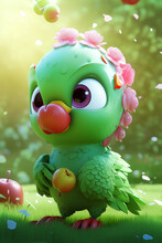Parrot Character With Fluffy Hair Holding Fruits In Lush Green Garden Background Generative Ai Digital Illustration Part#120423