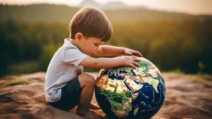Child playing with Earth Planet ball toy on a hill, forest background, Earth Day concept