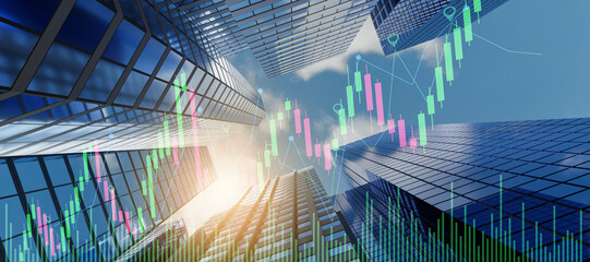 concept of Investing,trading and real estate market crisis with digital growth financial chart candlestick and graphs growing on modern skyscraper tops bottom view background Panoramic