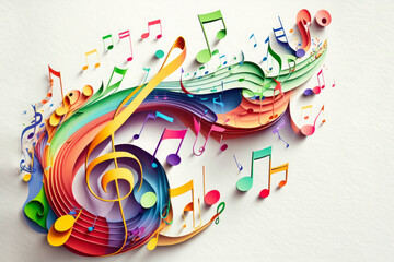 Abstract music background. Paper illustration, paper cut craft, 3d art style. Greeting card or banner. Ai generative