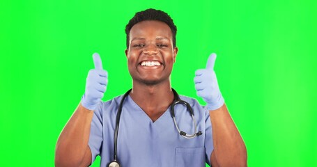 Sticker - Black man, happy doctor and thumbs up on green screen, health with positive opinion and mockup space on studio background. Male surgeon smile, portrait and healthcare with agreement and emoji