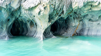 Wall Mural - Marble Caves on Lake General Carrera, Patagonia, Chile. Marble Caves are naturally sculpted caves made completely of marble and formed by the water action.