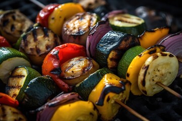 Wall Mural - A close-up of a skewer of grilled vegetables. The vegetables should be colorful and charred, with grill marks on them. Generative AI