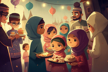 Illutration of muslims celebrating ramadan eid mubarak holy month iftar with family