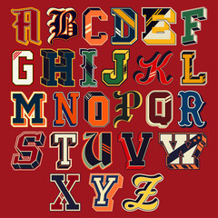 Varsity collegiate athletic letters font alphabet patches vintage vector artwork for sport print and embroidery collection