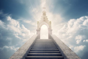 The gates of heaven, with a grand staircase leading up to an arch with a Christian cross and rays of light shining down from above.Ai generated