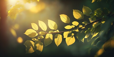 Wall Mural - morning sunshine illuminates a beautiful branch and leaf against a green, hazy backdrop. generative 