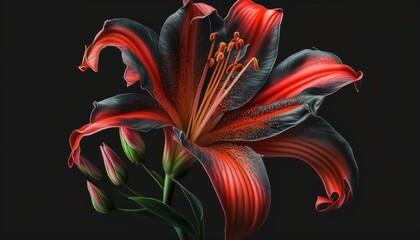 Wall Mural - image of a crimson lily blossom in full bloom, photographed against a black background. generative a