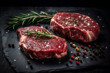 Two mouth-watering pieces of raw steak on a black stone platter, sprinkled with sea salt and garnished with a branch of rosemary. Ai generated