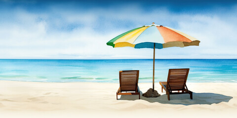 beautiful beach banner. white sand, chairs and umbrella travel tourism wide panorama background conc