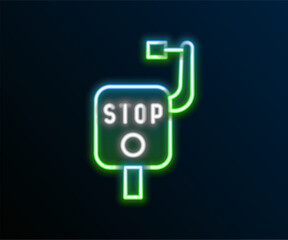 Poster - Glowing neon line Emergency brake icon isolated on black background. Colorful outline concept. Vector