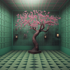 Wall Mural - Generative AI: surreal room with tree,