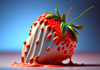 Canvas Print - Strawberrie in milk cream. Side view. Generative AI.