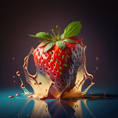 Poster - Strawberrie in milk cream. Side view. Generative AI.