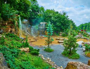 Sticker - Waterfall Poseidon Trident and Geneva lake in arboretum Sofiyivsky Park, Uman, Ukraine