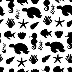 Wall Mural - Seamless pattern sea animals silhouette vector illustration