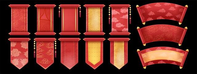 3d chinese scroll set, banner kit, red vector festive royal asian game ui traditional design element