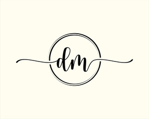 initial handwriting DM Circle logo Illustration. DM Letter Logo Design with Black Circle. Initial DM beauty monogram and elegant logo design