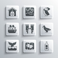 Sticker - Set Map of Iceland, Bottle vodka, Albatross, Binoculars, Whale tail, Cruise ship, Farm house and icon. Vector