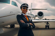 Portrait of a confident black african american woman female smile girl in sunglasses and hat cap pilot against the backdrop of a private jet in the hangar. Generative AI