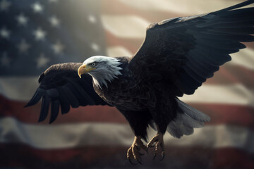 Wall Mural - An American Bald Eagle flies near the flag of the United States. Patriotic illustration of USA symbol. ai generated