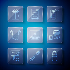 Poster - Set line Security camera, Fork, Trash can, Digital door lock, Smart Tv, Toilet paper roll, Lift and icon. Vector