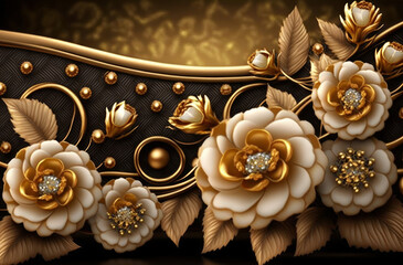 3d mural illustration background with golden jewelry and flowers, in black decorative wallpaper