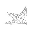 Vector isolated one single flying bird side view colorless black and white contour line easy drawing