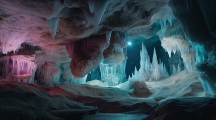 Wall Mural - a cave filled with lots of ice formations and a light at the end of the cave is a bright blue and pu