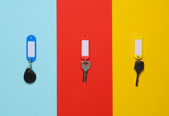 Wall Mural - Plastic tags with different keys on colored background