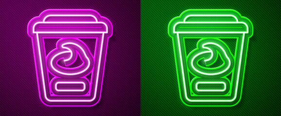 Sticker - Glowing neon line Yogurt container icon isolated on purple and green background. Yogurt in plastic cup. Vector