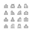 Business buildings, linear style icons set. Multistory building with windows. Company, business center. Editable stroke width
