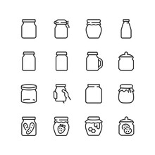 Jars, Linear Style Icons Set, Glass Jar For Twisting, For Storing Food. Jars Of Jam. Pickles, Jam, Honey, Cookies. Editable Stroke Width