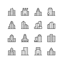 business buildings, linear style icons set. multistory building with windows. company, business cent