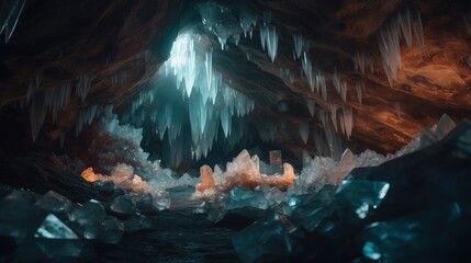 Wall Mural - a cave with ice formations and a light at the end of the cave is lit by a beam of light that is shin
