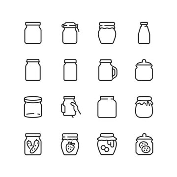 jars, linear style icons set, glass jar for twisting, for storing food. jars of jam. pickles, jam, h