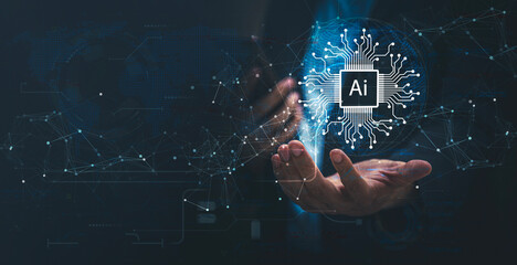 Wall Mural - businessman using technology smart robot ai, artificial intelligence, futuristic technology transfor
