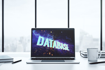 Wall Mural - modern computer monitor with creative database word hologram, research and development concept. 3d r