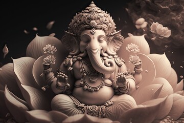 Generative AI illustration of Ganesha Hindu God , with flowers, oil painting taken up into heaven, sitting in front of bokeh mandala background