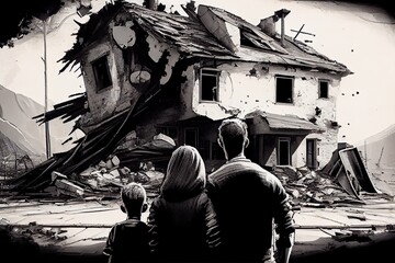 Generative AI illustration of a family standing in front of collapse buildings area, natural disaster or war victim