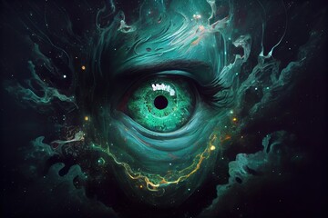 generative ai illustration of a cosmic being, each eye is a neutron star, his mouth is a black hole,