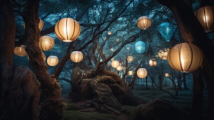 Wall Mural -  a forest filled with lots of paper lanterns floating in the air above trees and rocks at night time with a forest floor covered in mossy ground.  generative ai