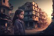 Generative AI illustration of a sad child standing in front of collapse buildings area, natural disaster or war victim, sorrow scenery idea for support children's right