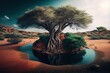 Generative AI illustration of African nature, water, earth, plants, grass, trees, intense look, beautiful